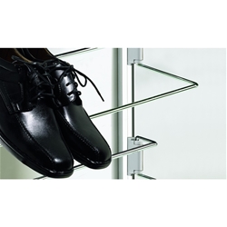 Hettich Schrank-Schuhablage, 1-reihig, Stahl verchromt 9079886, Breite 485-830mm, H 90mm, T 210mm Montage an Schrankklappen, Werkstoff Adapter: Kunststoff aluoptik