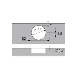 Hettich Intermat 110°-Scharnier ohne Schließautomatik (Intermat 9973), halb vorliegend, Öffnungswinkel 110°, Bohrbild TH 52x5,5mm, zum Anschrauben (-) 9043362