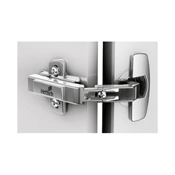 Hettich Scharnier für Eckschrankfalttüren ohne Schließautomatik (Intermat 9930), vernickelt, vorliegend, Öffnungswinkel 50° / 65°, Bohrbild TH 52x5,5mm, TS 48x6mm, Schnellmontage Fix (ø 10x6) 9090113