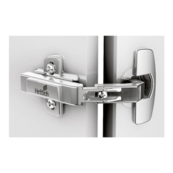 Hettich Scharnier für Eckschrankfalttüren ohne Schließautomatik (Intermat 9930), vernickelt, vorliegend, Öffnungswinkel 50° / 65°, Bohrbild TB 45x9,5mm, Schnellmontage Fix (ø 8x6) 9090119