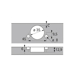Hettich Scharnier für Eckschrankfalttüren ohne Schließautomatik (Intermat 9930), vernickelt, vorliegend, Öffnungswinkel 50° / 65°, Bohrbild TB 45x9,5mm, Schnellmontage Fix (ø 8x6) 9090119