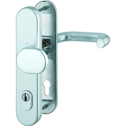 Hoppe FH-Schutz-Wechselgarnitur, oval, PZ, 9/92, DIN Links-Rechts, ALU Paris FS-86G/3332ZA/3310/138F, F1 naturfarbig eloxiert Langschild, TS 67-72mm, Antipanik Nr. 11525405