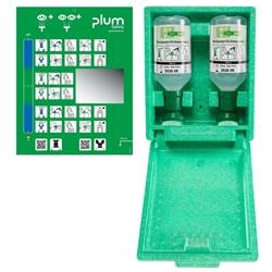 Plum 4650 Augenspülstation in Wandbox mit 2 Flaschen 500ml Augenspüllösung und separater Piktogrammtafel mit Spiegel, besonders für Arbeitsplätze geeignet, an denen Staub und Schmutz anfallen
