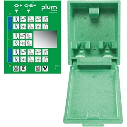 Plum 4651 Augenspülwandbox ohne Befüllung aus Polystyrol, zur Aufbewahrung der Plum Augenspülflaschen 200ml, 500ml und 500ml DUO geeignet, schützt vor Staub und Schmutz, schnell und leicht zu öffnen, mit separater Piktogrammtafel mit Spiegel, Abmessungen: H280xB230xT110mm