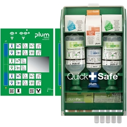 Plum 5174 QuickSafe Box Complete Kunststoff Wandbox mit Klappdeckel inkl. 2x500ml Augenspülflaschen mit steriler 0,9% Natriumchloridlösung, 1x200ml Augenspülflasche pH Neutral, 20 Stück QuickClean Wundreinigstüchern, 18 Stück QuickCool Verbrennungsgel, 1 Set QuickStop Wundverbände, 5 Stück QuickRinse 20ml Augenspülampullen, 1 QuickFix Pflasterrefill mit 45 Stück elastischen Pflastern, inkl. Anwend