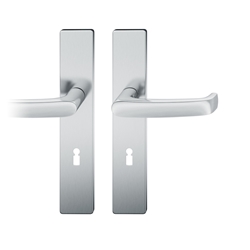 FSB ASL® Drückergarnitur, Langschild, eckig, BB gelocht, E72, DIN Links-Rechts, 12 1045, Edelstahl spiegelpoliert, mit Stütznocken, Vierkant 8mm, TS 39-58mm Nr. 0 12 1045 02102 6205