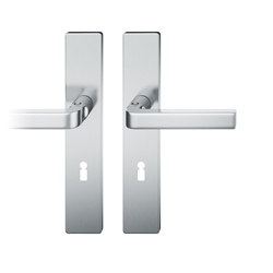 FSB ASL® Drückergarnitur, Langschild, eckig, BB gelocht, E72, DIN Links-Rechts, 12 1004, Edelstahl spiegelpoliert, mit Stütznocken, Vierkant 8mm, TS 39-58mm Nr. 0 12 1004 02102 6205