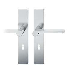 FSB ASL® Drückergarnitur, Langschild, eckig, BB gelocht, E72, DIN Links-Rechts, 12 1021, Edelstahl spiegelpoliert, mit Stütznocken, Vierkant 8mm, TS 39-58mm Nr. 0 12 1021 02102 6205