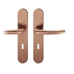 FSB ASL® Drückergarnitur, Langschild, oval, BB gelocht, E72, DIN Links-Rechts, 12 1023, Hellbronze patiniert gewachst, mit Stütznocken, Vierkant 8mm, TS 39-58mm Nr. 0 12 1023 02702 7615