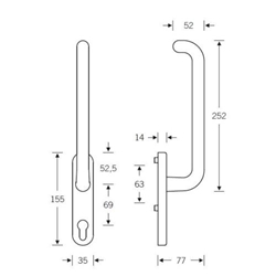 FSB HS-Handhebel, innen, PZ gelocht, Aluminium, 34 1146, mit Verschraubung Gegenseite, Aluminium,F1 eloxiert, verdeckt verschraubt, mit Stütznocken, Vierkant 10mm, TS 56-68mm, innen Nr. 0 34 1146 01103 0105