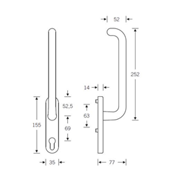 FSB HS-Handhebel, außen, PZ gelocht, Aluminium, 34 1146, mit Verschraubung Gegenseite, Aluminium,F1 eloxiert, verdeckt verschraubt, mit Stütznocken, Vierkant 10mm, TS 56-68mm, außen Nr. 0 34 1146 01101 0105