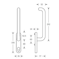 FSB PSK-Handhebel, innen, PZ gelocht, Edelstahl, 34 1146, mit Verschraubung Gegenseite, Edelstahl, fein matt, verdeckt verschraubt, mit Stütznocken, Vierkant 7mm, innen Nr. 0 34 1146 01203 6204