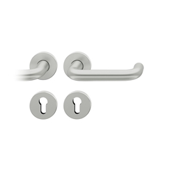FSB ASL® Drückergarnitur, mit Rosetten, rund, DIN Links-Rechts, PZ gelocht, Aluminium, 12 1070, Naturfarbig, mit Stütznocken, Vierkant 8mm, Stärke Abdeckung 7mm, TS 39-58mm Nr. 0 12 1070 01310 0105