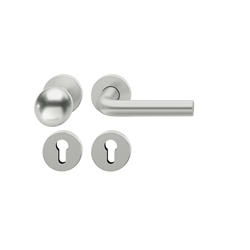 FSB ASL® OT-Wechselgarnitur, mit Rosetten, rund, PZ gelocht, DIN Links-Rechts, Aluminium, 12 1075, Naturfarbig eloxiert, verdeckt verschraubt, mit Stütznocken, Klasse 4, Vierkant 8mm, TS 39-58mm, mit Knopf 0802 Nr. 0 12 1075 01510 0105