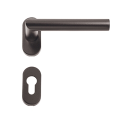 Halbgarnitur Innen Edelstahl RAL 9005 schwarz matt Feinstruktur auf ovaler Rosette, Drücker L-Form Ø 20mm festdrehbar mit Rückstellung PZ, 8mm
