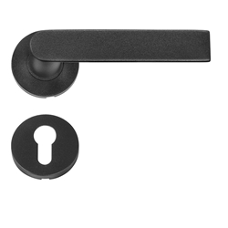 1/2 Innengarnitur, Drücker D-Profil / L-Form, festdrehbar mit Rückstellung, auf runder Rosette, mit PZ-Rosette, 8mm Vierkant, DIN rechts/links, RAL 9005 schwarz, Rosetten 8mm hoch