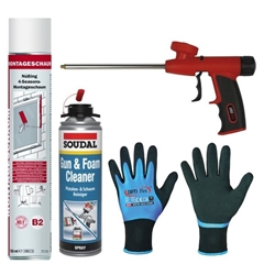 Aktion: 12x Nüßing 4 Seasons Montageschaum 1K B2, 1x Schaumpistole, 1x PU-Reiniger, 1 Paar Winterhandschuhe (Größe wählbar)
