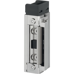 Assa FH-Türöffner, mit Flachschließblech, Edelstahl 143.20, DIN Links, 12-24V AC/DC Arbeitsstrom, 34mm kantig, edelstahl geschliffen, Schließblechl. 150mm, Schließblechb. 34mm Nr. 143.20-52235Q34