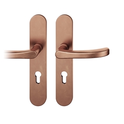 FSB AGL® 3 FH-Drückergarnitur, Langschild, oval, PZ gelocht, E72, DIN Links-Rechts, 79 1043, hellbronze patiniert gewachst, mit Stütznocken, Ausgleichslager® 3, Vierkant 9mm, TS 39-48mm Nr. 0 79 1043 92710 7615