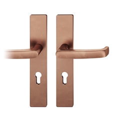 FSB AGL® 3 FH-Drückergarnitur, Langschild, eckig, PZ gelocht, E72, DIN Links-Rechts, 79 1045, hellbronze patiniert gewachst, mit Stütznocken, Ausgleichslager® 3, Vierkant 9mm, TS 39-48mm Nr. 0 79 1045 92110 7615