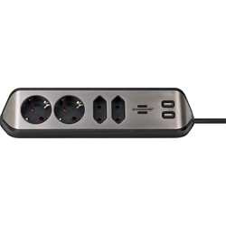 Brennenstuhl®estilo Ecksteckdosenleiste 4-fach (Tischsteckdose mit Edelstahloberfläche für Küche und Büro, Ecksteckdose mit 2x Schutzkontakt-Steckdosen, 2x Euro-Steckdosen, inkl. USB-Ladefunktion) silber/schwarz Nr. 1153590410