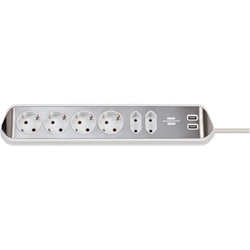 Brennenstuhl®estilo Ecksteckdosenleiste 6-fach (Tischsteckdose mit Edelstahloberfläche für Küche/Büro, Ecksteckdose mit 4x Schutzkontakt-Steckdosen, 2x Euro-Steckdosen, 2x USB) silber/weiß Nr. 1153590620