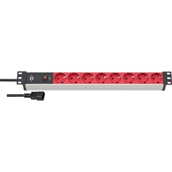 Brennenstuhl Alu-Line 19 Zoll Steckdosenleiste / Steckerleiste 8-fach für Schaltschränke (Mehrfachsteckdose 19 Zoll mit 10A Sicherungsautomat und Kaltgeräte-Stecker, 2m Kabel) silber/rot Nr. 1390007118