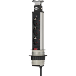 Brennenstuhl Tower Power, Tischsteckdosenleiste 3-fach (versenkbare Steckdosenleiste, 2m Kabel, komplett in Tischplatte versenkbar) alu / schwarz Nr. 1396200003