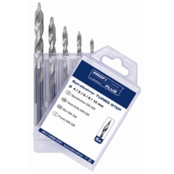 Spiralbohrersatz HSS-G mit TURBO-STEP 4/5/6/8/10mm 5-tlg. DIN 338, 118° Anschliff mit Stufengeometrie, 3-Flächenschaft Nr. 12021330005