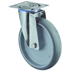 Lenkrolle, Rad Ø 125mm, Thermoplastischer Gummi grau, Radb. 35mm, BH 155mm, Gleitlager, Radk. Kunststoff, mit Platte, PG 95x80mm, Tragkr. 100kg Nr. H100.B43.125