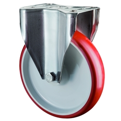 Bockrolle, Rad Ø 80mm, Polyurethan rot 98+/-4 Shore A, Radb. 28mm, BH 108mm, Gleitlager, Radk. Kunststoff, mit Platte, PG 95x80mm, Tragkr. 100kg Nr. H110.B26.080