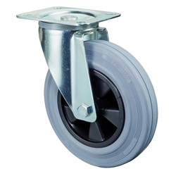 Lenkrolle, Rad Ø 200mm, Gummi grau, Radb. 50mm, BH 237mm, Rollenlager, Radk. Kunststoff, mit Platte, PG 138x109mm, Tragkr. 205kg Nr. L400.B46.200