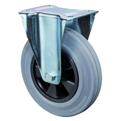 Bockrolle, Rad Ø 80mm, Gummi grau, Radb. 35mm, BH 106mm, Rollenlager, Radk. Kunststoff, mit Platte, PG 104x80mm, Tragkr. 50kg Nr. L410.B46.080
