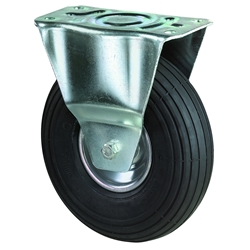 Bockrolle, Rad Ø 230mm, Gummi schwarz, Radb. 65mm, BH 255mm, Rollenlager, Radk. Stahl, mit Platte, PG 135x105mm, Tragkr. 130kg Nr. L410.C90.230