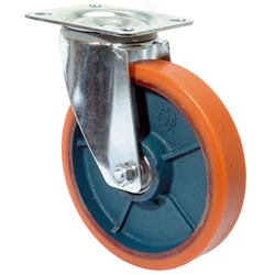 Lenkrolle, Rad Ø 125mm, Guss-Polyurethan orange 95+/-3 Shore A, Radb. 40mm, BH 166mm, Kugellager, Radk. Guss, mit Platte, PG 138x109mm, Tragkr. 300kg Nr. LSS400.C10.125