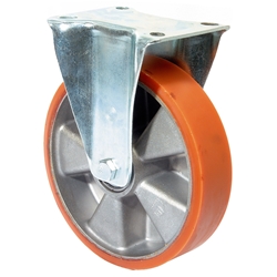 Bockrolle, Rad Ø 125mm, Guss-Polyurethan orange 95+/-3 Shore A, Radb. 50mm, BH 166mm, Kugellager, Radk. Aluminium, mit Platte, PG 138x109mm, Tragkr. 300kg Nr. LSS410.B90.125