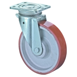 Schwerlast-Lenkrolle, Rad Ø 150mm, Guss-Polyurethan orange 95+/-3 Shore A, Radb. 50mm, BH 209mm, Kugellager, Radk. Guss, mit Platte, PG 138x110mm, Tragkr. 600kg Nr. N100.C10.154