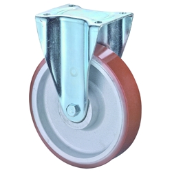 Schwerlast-Bockrolle, Rad Ø 100mm, Guss-Polyurethan orange 95+/-3 Shore A, Radb. 30mm, BH 137mm, Kugellager, Radk. Guss, mit Platte, PG 105x85mm, Tragkr. 300kg Nr. N110.C10.101