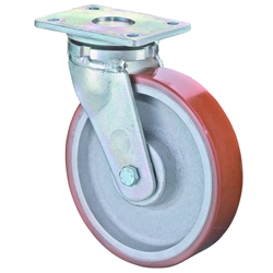 Schwerlast-Lenkrolle, Rad Ø 160mm, Guss-Polyurethan orange 95+/-3 Shore A, Radb. 50mm, BH 200mm, Kugellager, Radk. Guss, mit Platte, PG 138x110mm, Tragkr. 850kg Nr. RR100.C10.160
