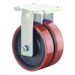 Schwerlast-Doppel-Bockrolle, Rad Ø 300mm, Guss-Polyurethan orange 95+/-3 Shore A, Radb. 2x100mm, BH 395mm, Kugellager, Radk. Guss, mit Platte, PG 255x200mm, Tragkr. 5.600kg Nr. S110.C10.301