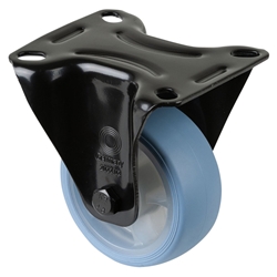 Bockrolle, Rad Ø 80mm, Thermoplastischer Gummi (TPR) hellblau, Radb. 32mm, BH 105mm, Rollenlager, Radk. Kunststoff, mit Platte, PG 104x80mm, Tragkr. 100kg Nr. L810.B44.081.05
