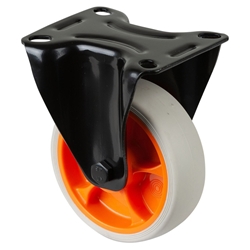 Bockrolle, Rad Ø 100mm, Thermoplastischer Gummi (TPR) hellgrau, Radb. 32mm, BH 128mm, Rollenlager, Radk. Kunststoff, mit Platte, PG 104x80mm, Tragkr. 110kg Nr. L810.B44.101.02