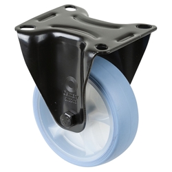 Bockrolle, Rad Ø 100mm, Thermoplastischer Gummi (TPR) hellblau, Radb. 32mm, BH 128mm, Rollenlager, Radk. Kunststoff, mit Platte, PG 104x80mm, Tragkr. 110kg Nr. L810.B44.101.05