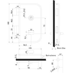 Glastür-Schlosskasten 6036 BAD ROMA, mit Bad Verriegelung rot/grün, DIN Rechts, Falle und Riegel für 10mm Glas, Oberfl. 60 (Edelstahl matt) Nr. 33290