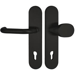 HT-EN2-Schutzwechselgarnitur 1801 BASIC 01, mit Langschild 2089 SH, Knopf 3128 gekröpft, PZW 92mm, TS 64-83mm, mit Anbohrschutz, Außenschildstärke 12mm, Oberfl. 74 (Classic Black, ähnl. RAL 9005) Nr. 50678