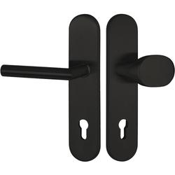 HT-EN2-Schutzwechselgarnitur 1802 BASIC 02, mit Langschild 2089 SH, Knopf 3128 gekröpft, PZW 92mm, TS 64-83mm, mit Anbohrschutz, Außenschildstärke 12mm, Oberfl. 74 (Classic Black, ähnl. RAL 9005) Nr. 50690