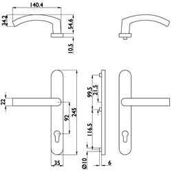 Schmalrahmen Drückergarnitur 1955, mit Schild 2082, fest/drehbar, mit Rückholfeder, Ausf. PZ 92mm, ohne Befestigungsmaterial, Drücker beidseitig hohe Ausführung, Oberfl. 36 (braun beschichtet ähnlich RAL 8019) Nr. 23845