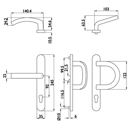 Schmalrahmen Wechselgarnitur 1955, mit Schild 2082, fest/drehbar, mit Rückholfeder, Ausf. PZW 92mm, mit Griff 3133 halbrund, ohne Befestigungsmaterial, Oberfl. 60 (Edelstahl matt) Nr. 23858