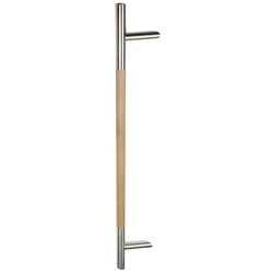 Stoßgriff Serie 8010 Holz Ø 30mm, L 1300mm, BA 1000mm, 2 schräge Stützen, inkl. einseit. Befestigung, Holzeinsatz 800mm Länge, Oberfl. 60/EI (Edelstahl matt/Eiche natur) Nr. 24627