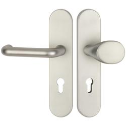 ZT-EN2-Schutzwechselgarnitur 1901 BASIC 01, Langschild 2091 S, Knopf 3128 gekröpft, PZW 72mm, TS 35-55mm, mit Anbohrschutz, Außenschildstärke 12mm, Oberfl. F9 (Aluminium Edelstahlfarben) Nr. 29486